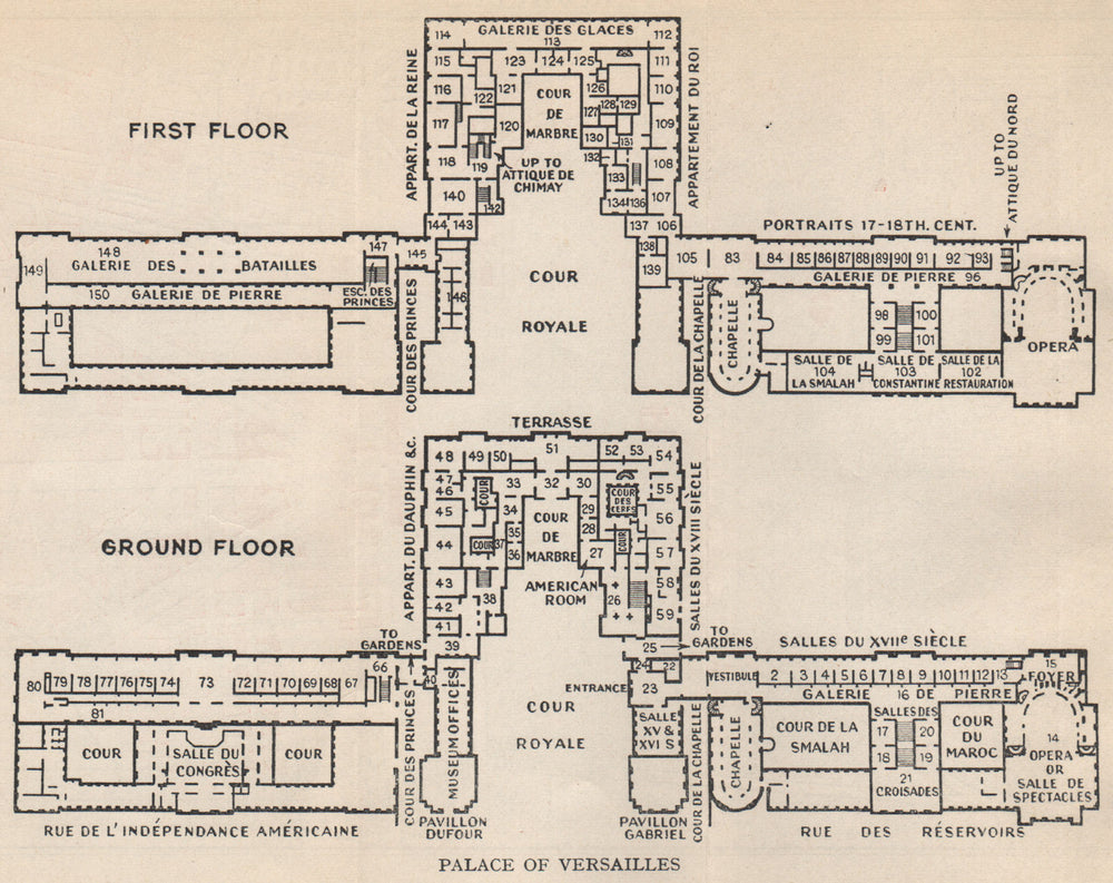 CHÂTEAU DE VERSAILLES ground & first floor plans. Vintage map. Yvelines 1960