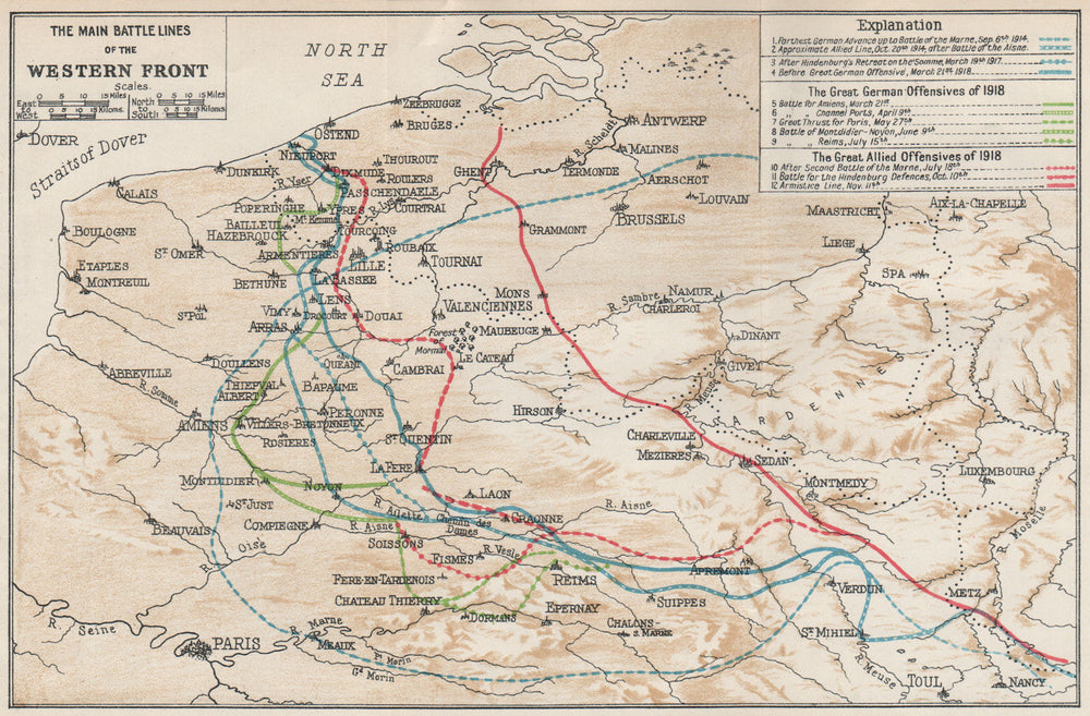 BELGIUM. Main Battle lines of western front. First World War. WW1 1930 old map