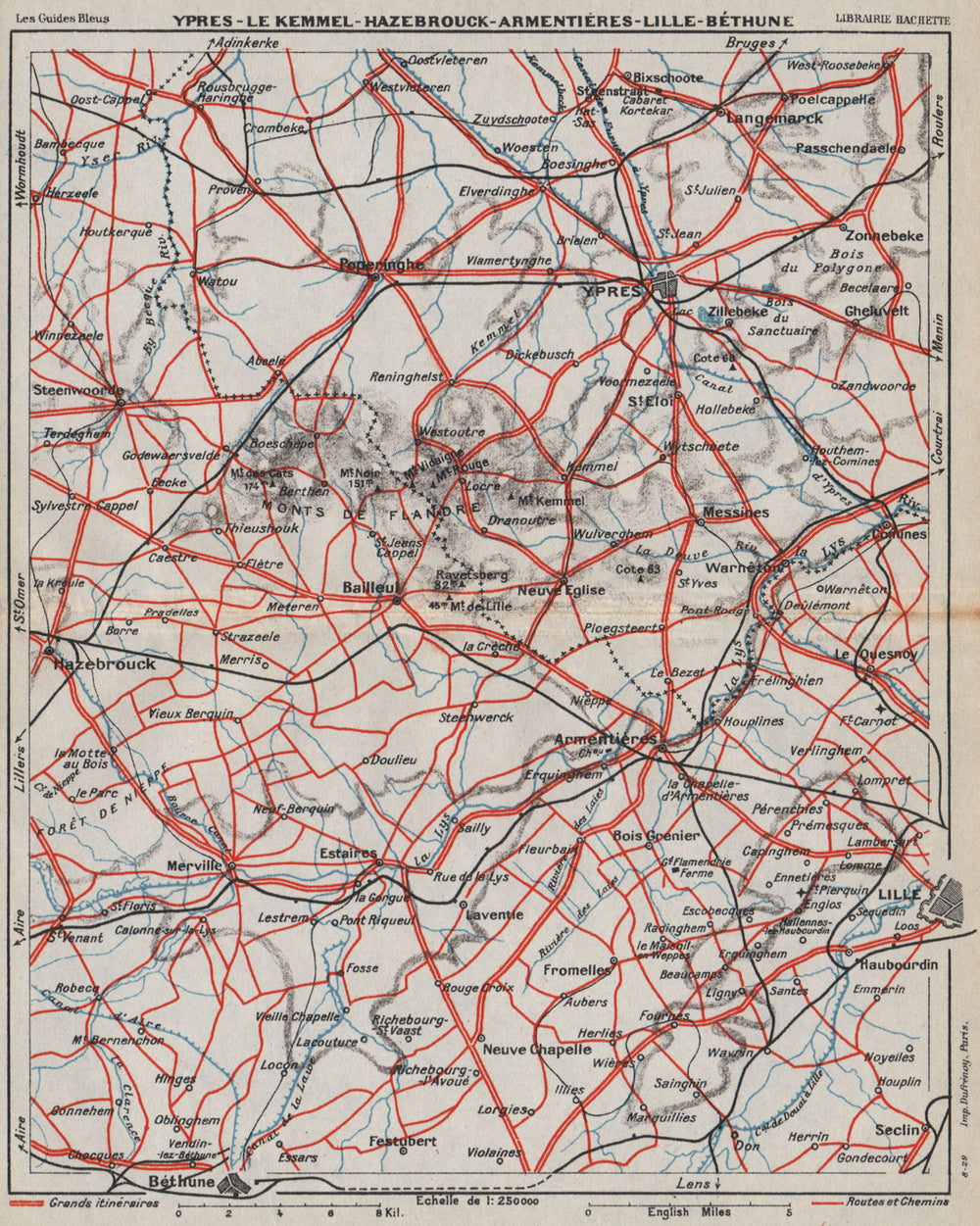 FLANDERS.Ypres Ieper Le Kemmel Hazebrouck Lille Bethune Armèntieres.WW1 1930 map
