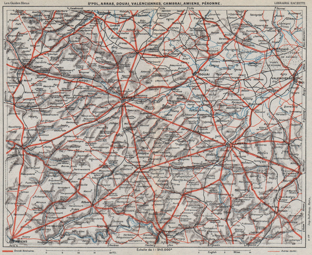 PICARDY NORD-PAS-DE-CALAIS. Arras Cambrai Douai Amiens Valenciennes 1930 map