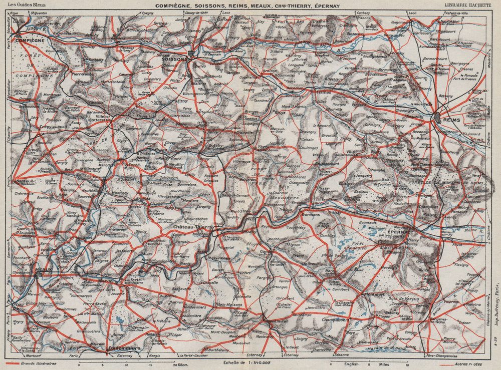 AISNE & MARNE VALLEYS. Reims Meaux Soissons Épernay Champagne Oise 1930 map