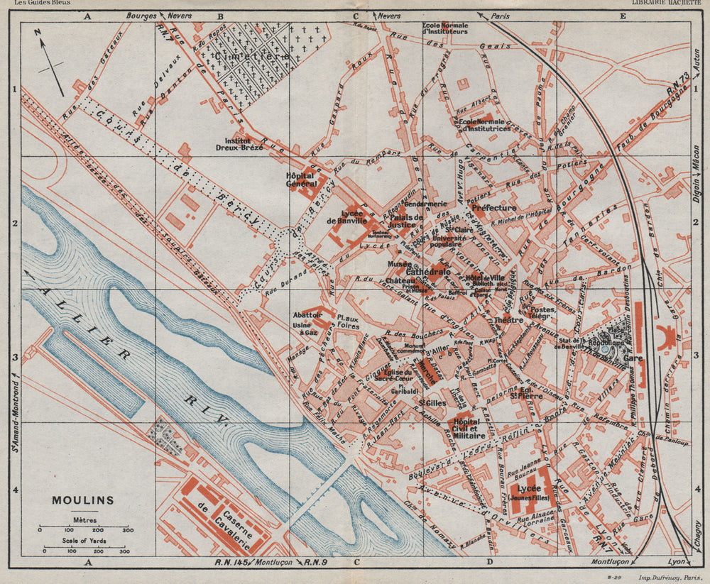 MOULINS. Vintage town city ville map plan carte. France 1930 old vintage