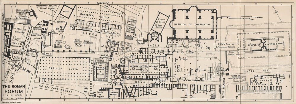 ROMAN FORUM vintage ground plan. Rome. Forum Romanum pianta mappa 1956 old