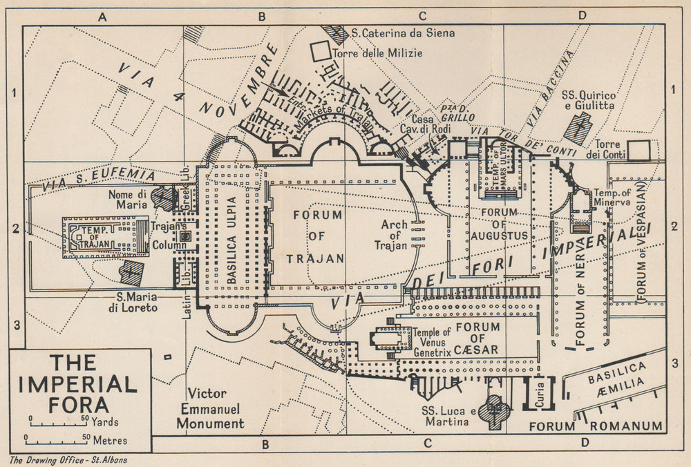 THE IMPERIAL FORA, ROME. Fori Imperiali, Roma. Vintage ground plan 1956 map