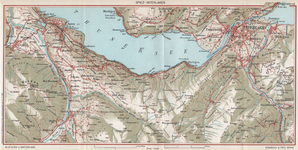 SPIEZ-INTERLAKEN. Beatenberg Aeschi Thunersee. Vintage map. Switzerland 1963