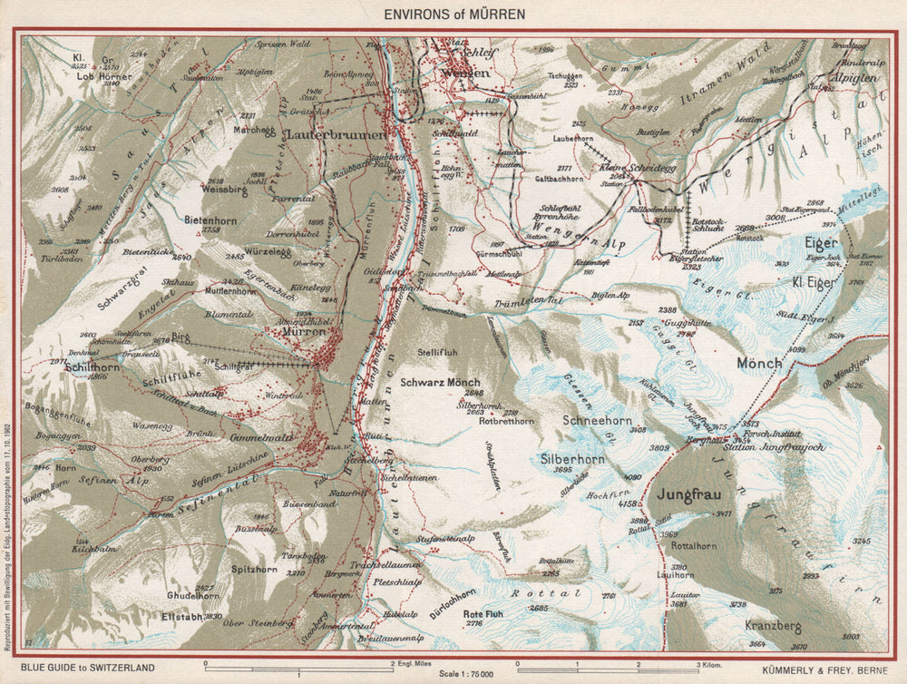 MÜRREN ENVIRONS. Wengen Eiger Jungfrau Lauterbrunnen. Vintage map plan 1963