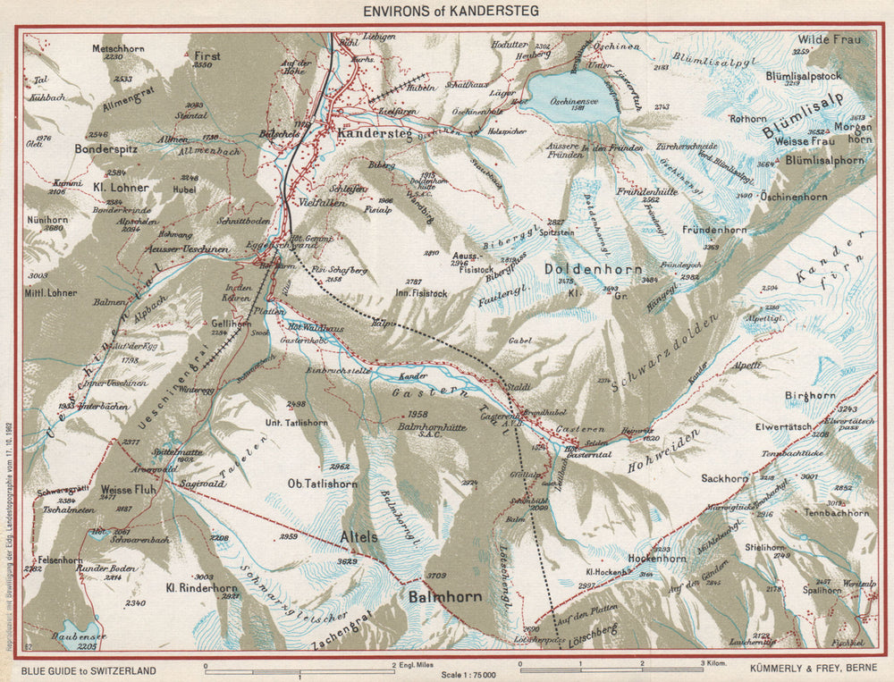 KANDERSTEG ENVIRONS. Blümlisalp Berne Doldenhorn. Vintage map. Switzerland 1963