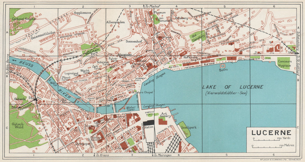 LUCERNE LUZERN. Vintage town city map plan. Switzerland 1963 old vintage