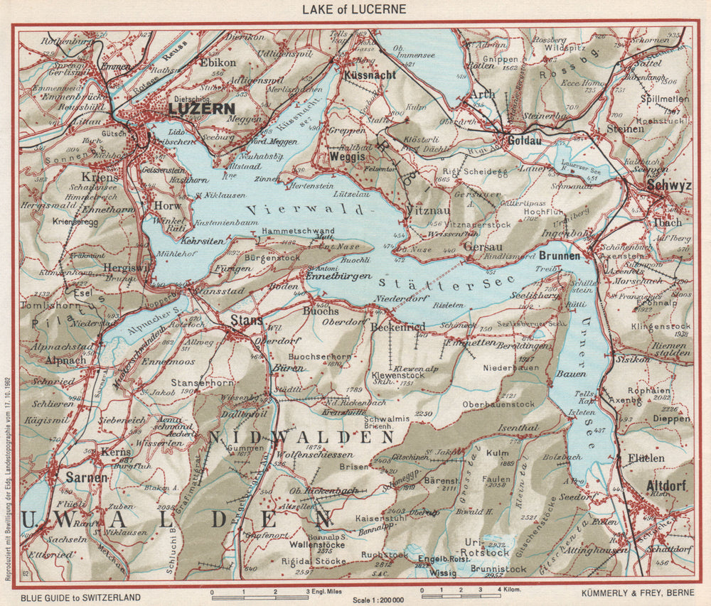LAKE LUCERNE. Vierwaldstättersee. Luzern Altdorf Emmetten Engelberg 1963 map