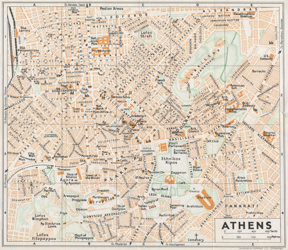 ATHENS. Vintage town city map plan. Greece 1962 old vintage chart