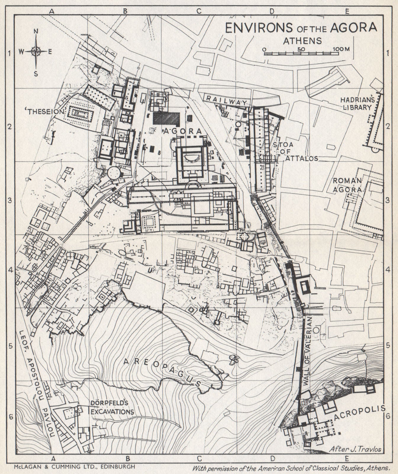 THE AGORA & environs ground plan. Athens, Greece 1962 old vintage map ...