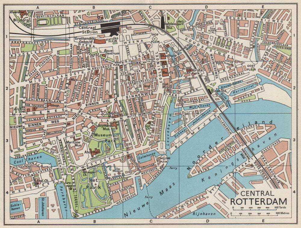 CENTRAL ROTTERDAM. Vintage town city map plan. Netherlands 1961 old