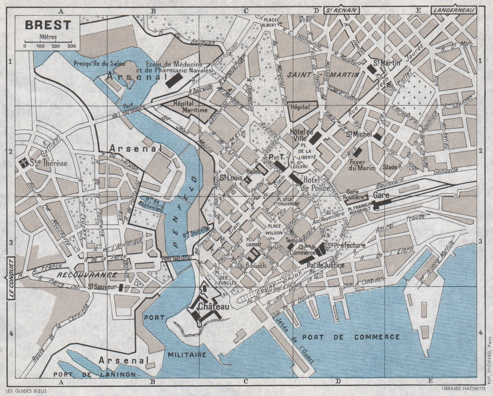 BREST antique town city plan de la ville. Finistère 1962 old map chart