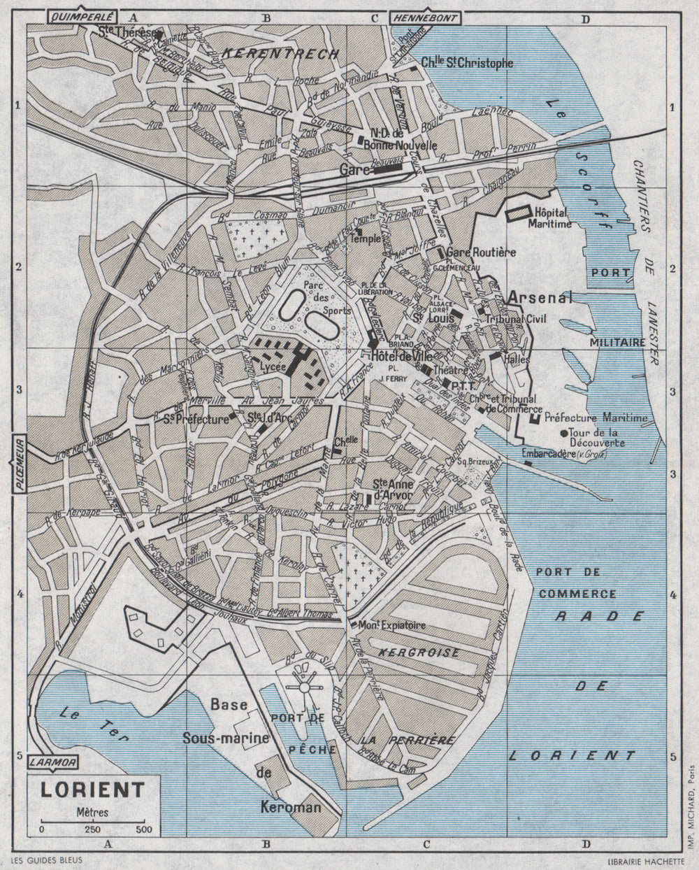 LORIENT antique town city plan de la ville. Morbihan 1962 old map