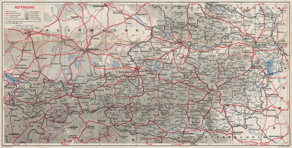 AUSTRIA roads. Autriche. Österreich 1954 old vintage map plan chart
