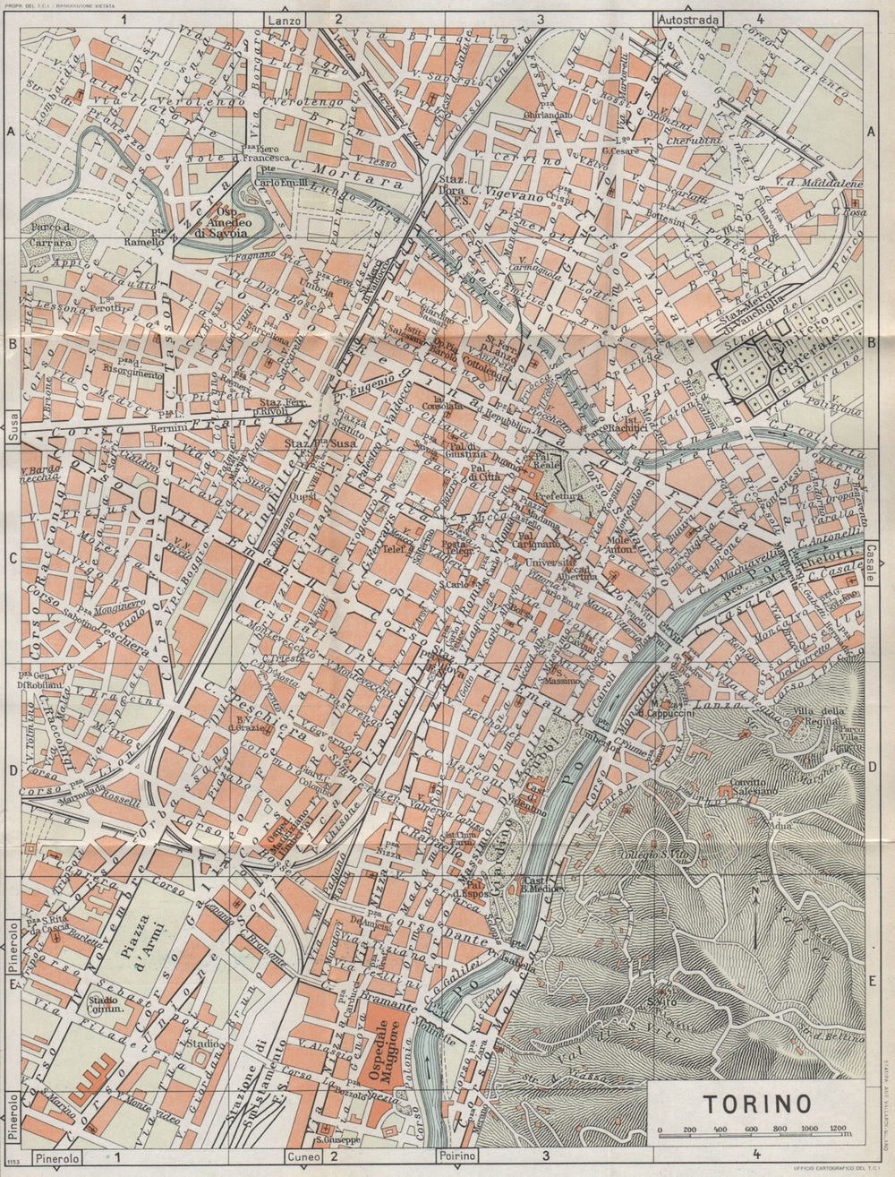 TURIN TORINO vintage town city map plan pianta della città. Italy 1958 old