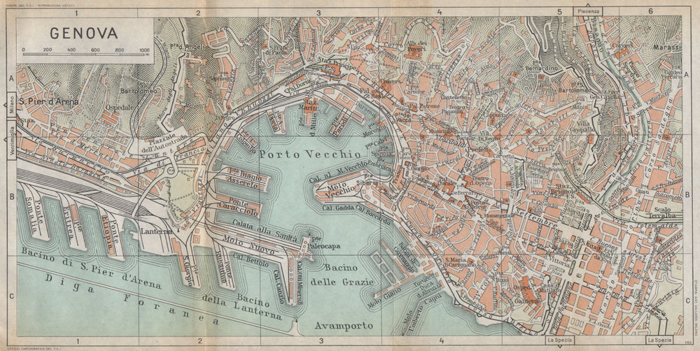 GENOA GENOVA vintage town city map plan pianta della città. Italy 1958 old