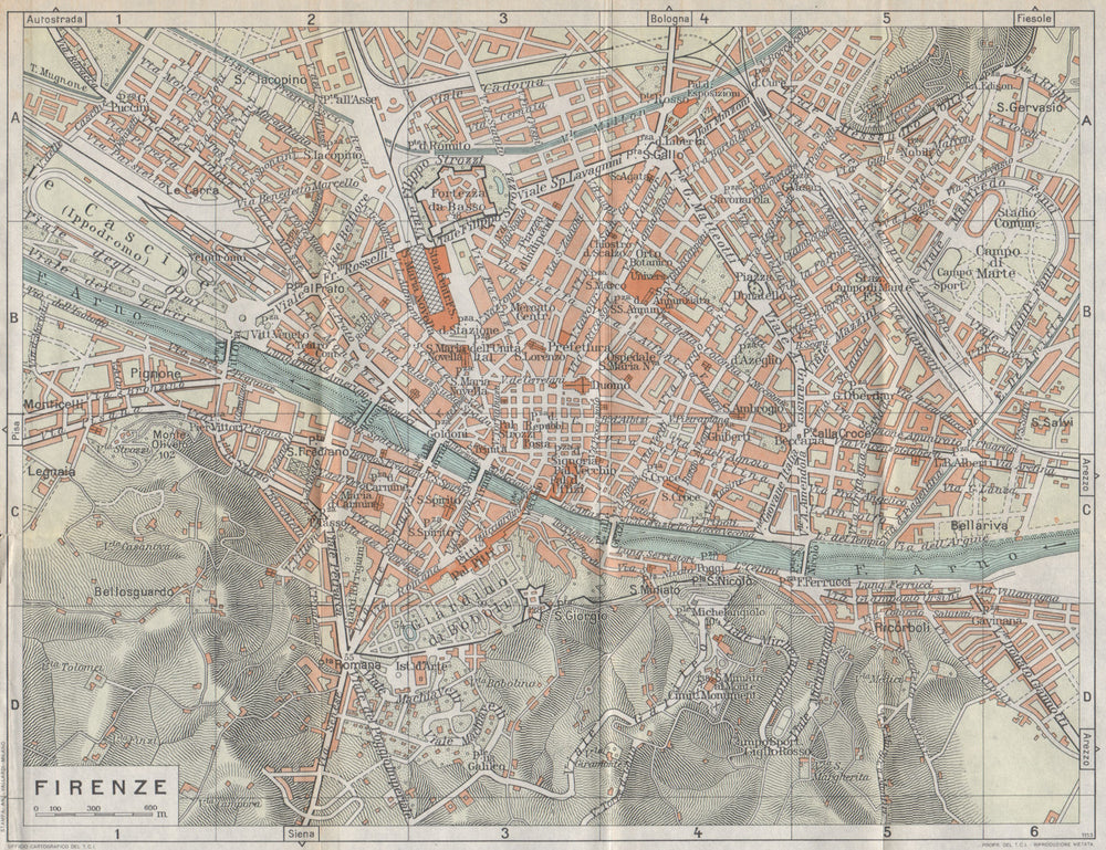 FLORENCE FIRENZE vintage town city map plan pianta della città. Italy 1958