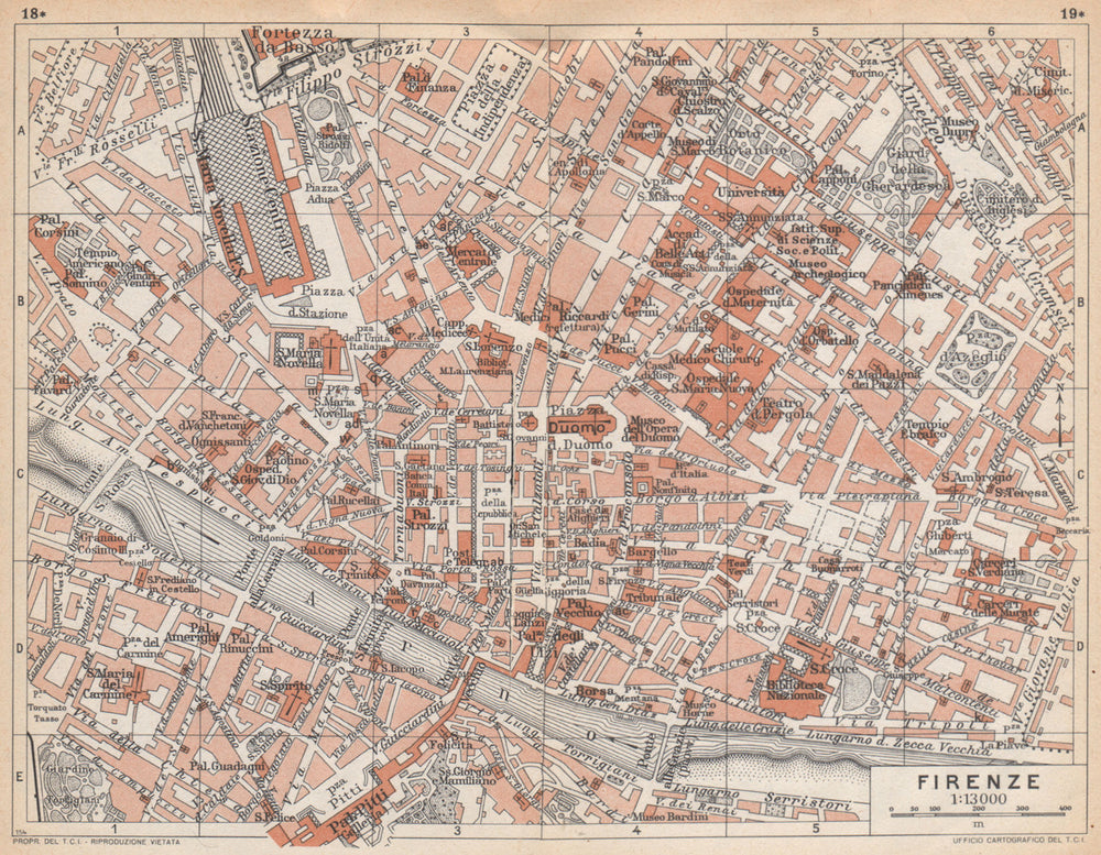 FLORENCE FIRENZE vintage town city centre map plan pianta della città 1958