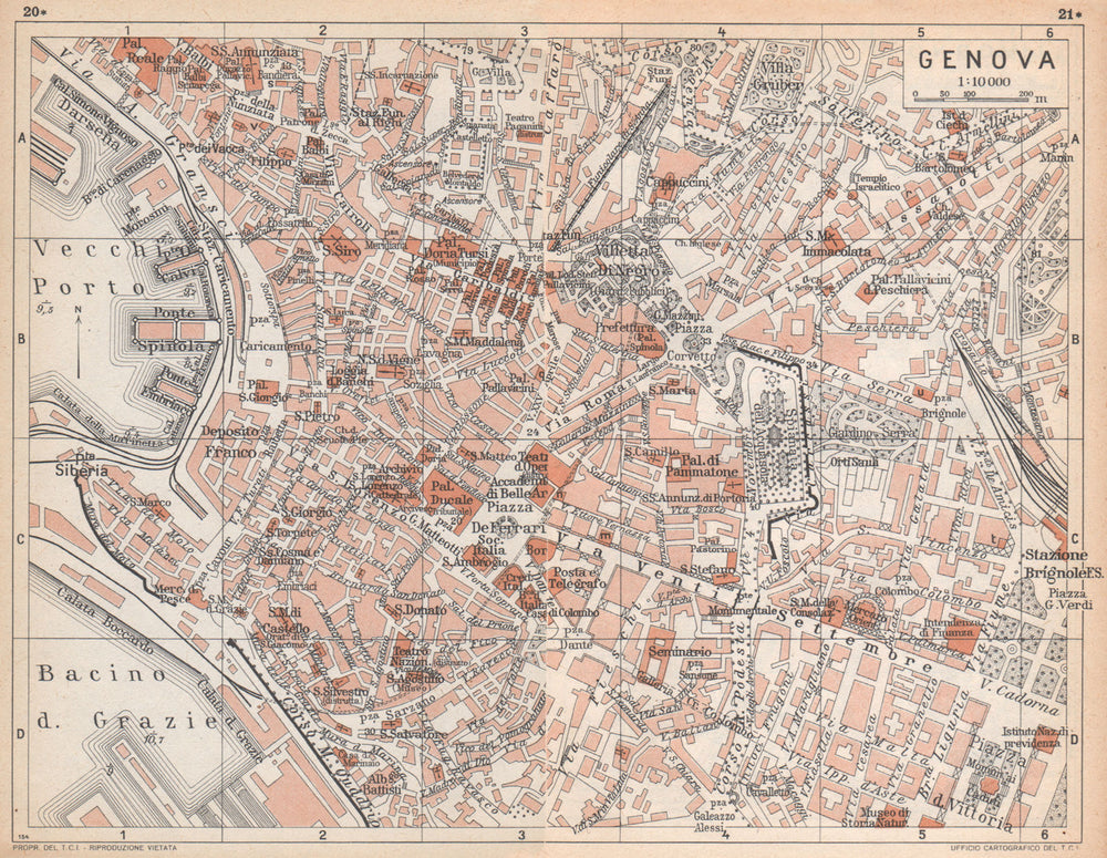 GENOA GENOVA vintage town city centre map plan pianta della città 1958 old