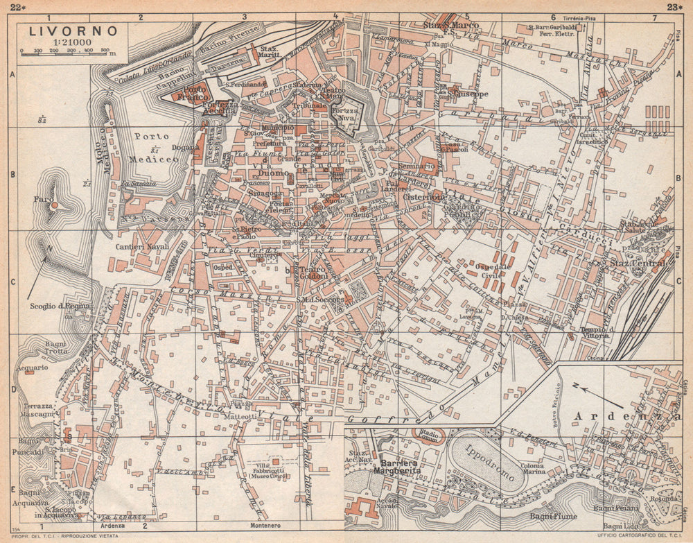 LIVORNO vintage town city pianta della città. Italy 1958 old vintage map chart