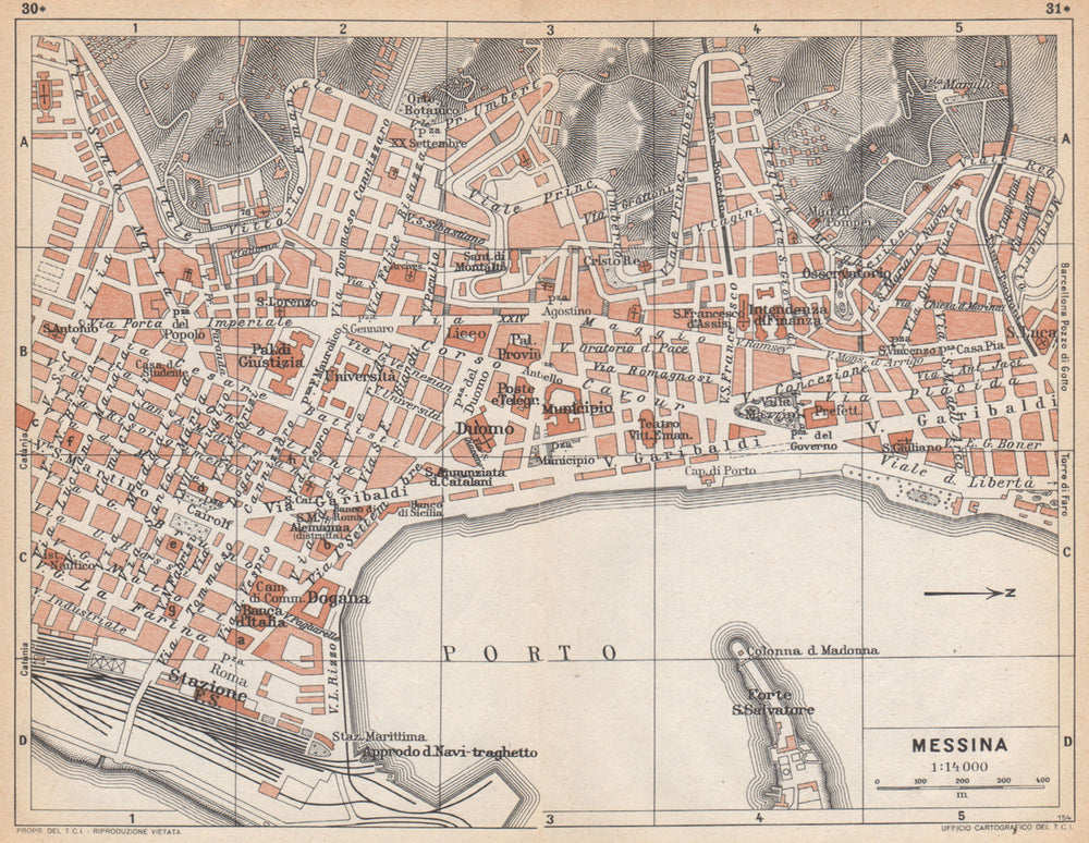 MESSINA vintage town city pianta della città. Italy 1958 old vintage map chart