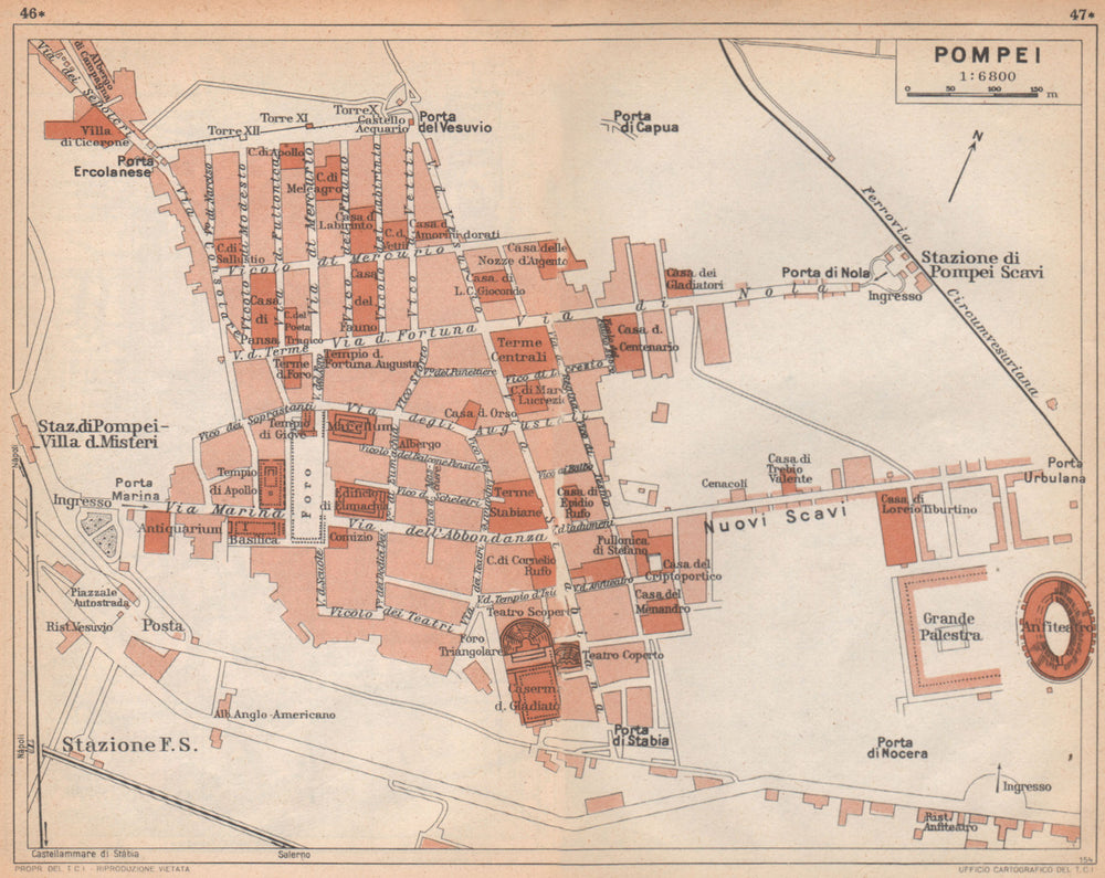POMPEII vintage plan of the Roman city. Italy 1958 old vintage map chart