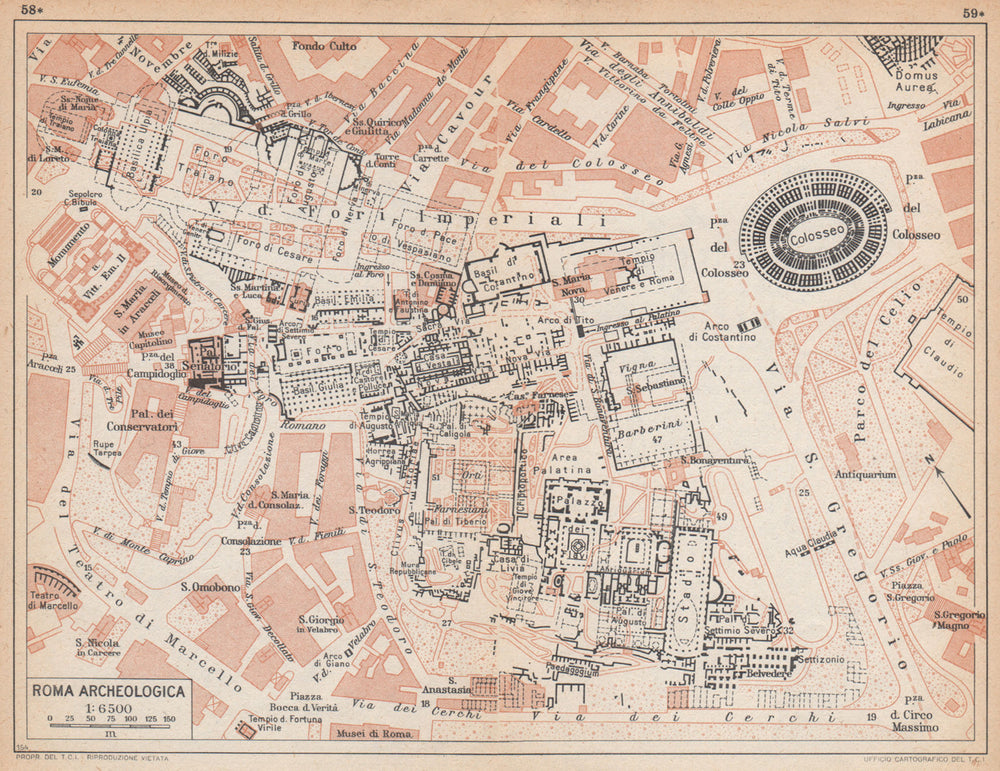 ROMA ARCHEOLOGICA. Ancient Rome archaelogical. Italy 1958 old vintage map