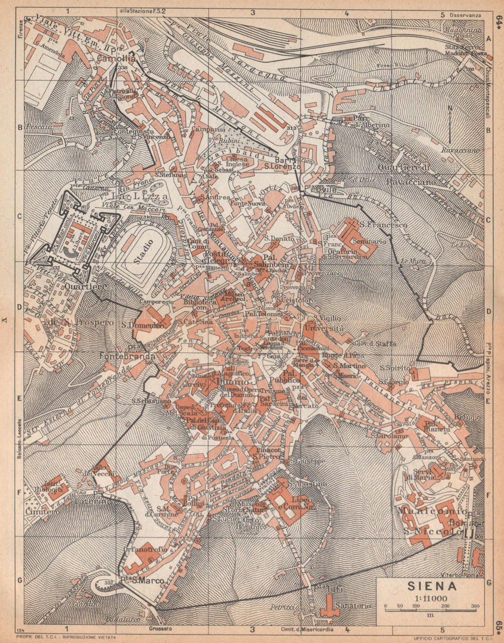SIENA vintage town city map plan pianta della città. Italy 1958 old