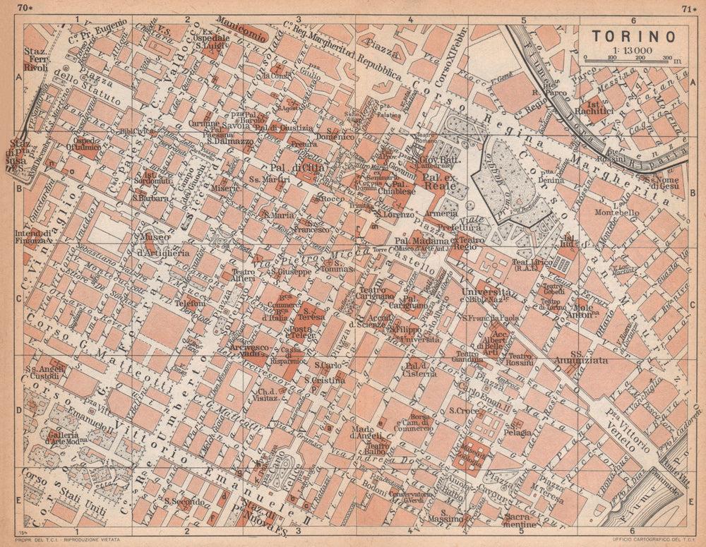 TURIN TORINO vintage town city centre map plan pianta della città 1958 old