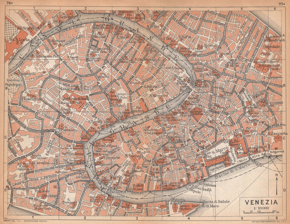 VENEZIA CANAL GRANDE. Venice vintage map plan pianta della città 1958 old