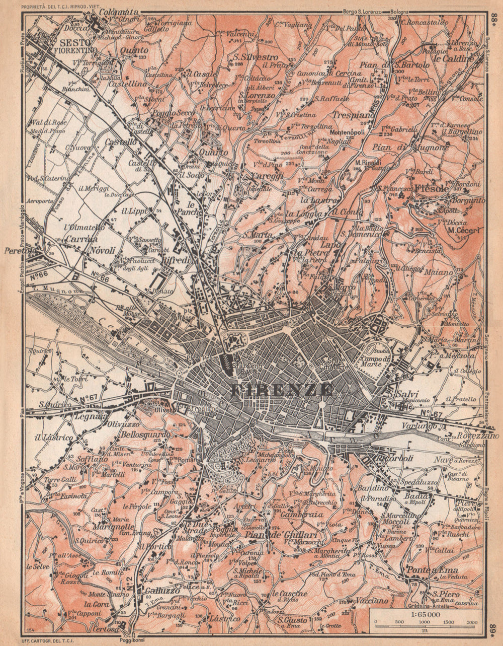 FLORENCE FIRENZE & environs vintage map plan. Italy 1958 old vintage chart