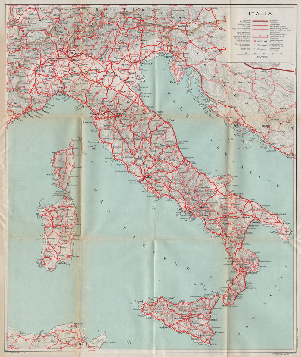 ITALIA Italy showing first autopistas motorways 1958 old vintage map chart
