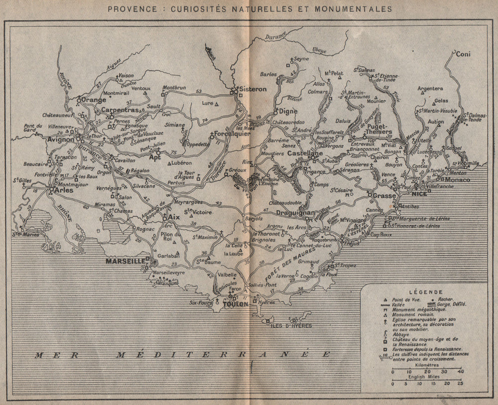 PROVENCE vintage attractions map monuments chateaux churches viewpoints 1925