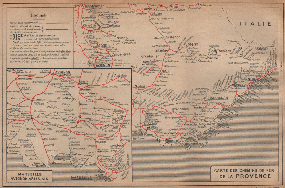 CHEMINS DE FER DE LA PROVENCE vintage map carte. Marseille Nice Avignon 1925