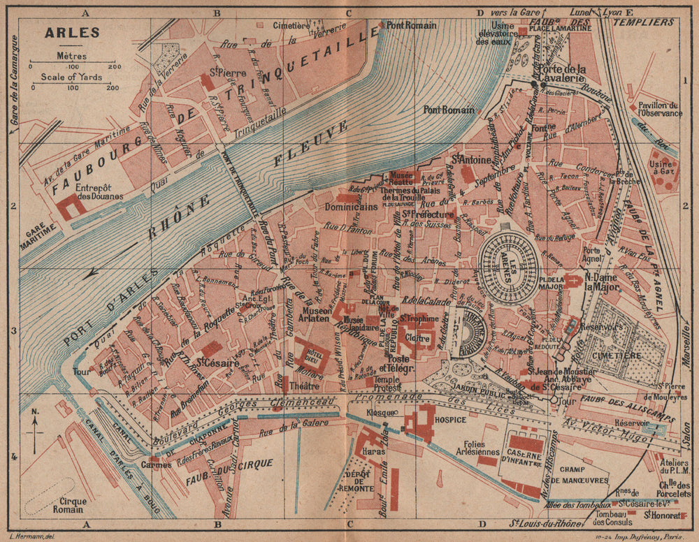 ARLES vintage town city plan de la ville. Bouches-du-Rhône 1925 old map