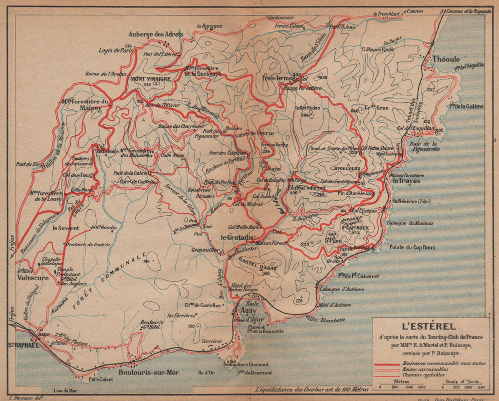 L'ESTÉREL vintage motor & cycling map. Chemins cyclables. Provence 1925