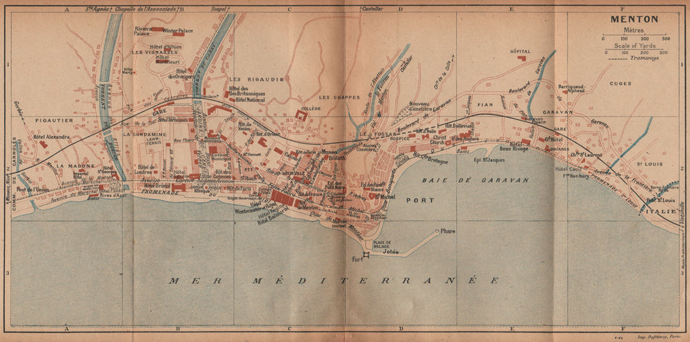 MENTON vintage town city plan de la ville. Alpes-Maritimes. Mentone 1925 map