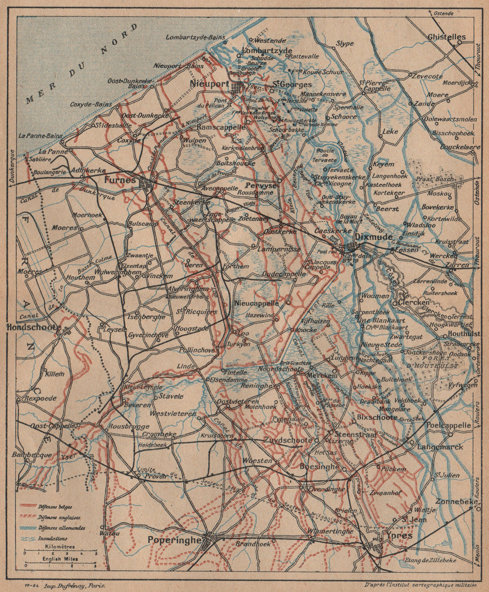 WORLD WAR 1. Battle of the Yser. Belgian German trenches. Diksmuide 1920 map