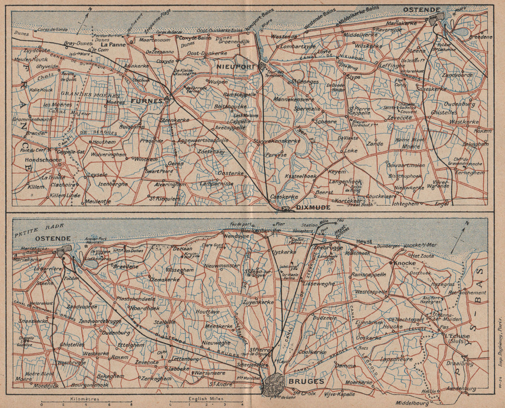 BELGIAN COAST. Oostende Nieuport Furnes Veurne Bruges Brugge Diksmuide 1920 map