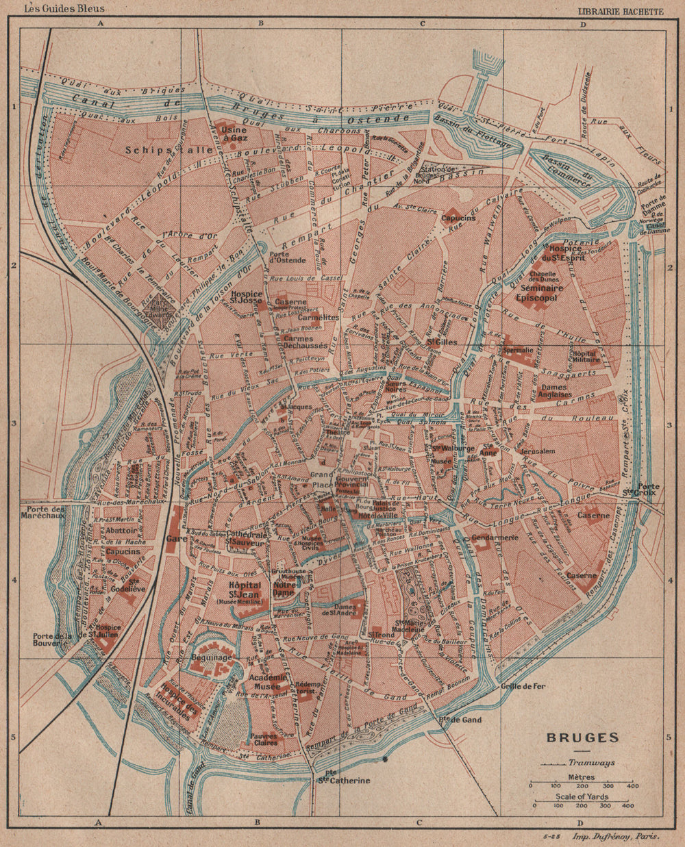 BRUGES BRUGGE. Vintage town city map plan de la ville. Belgium 1920 old
