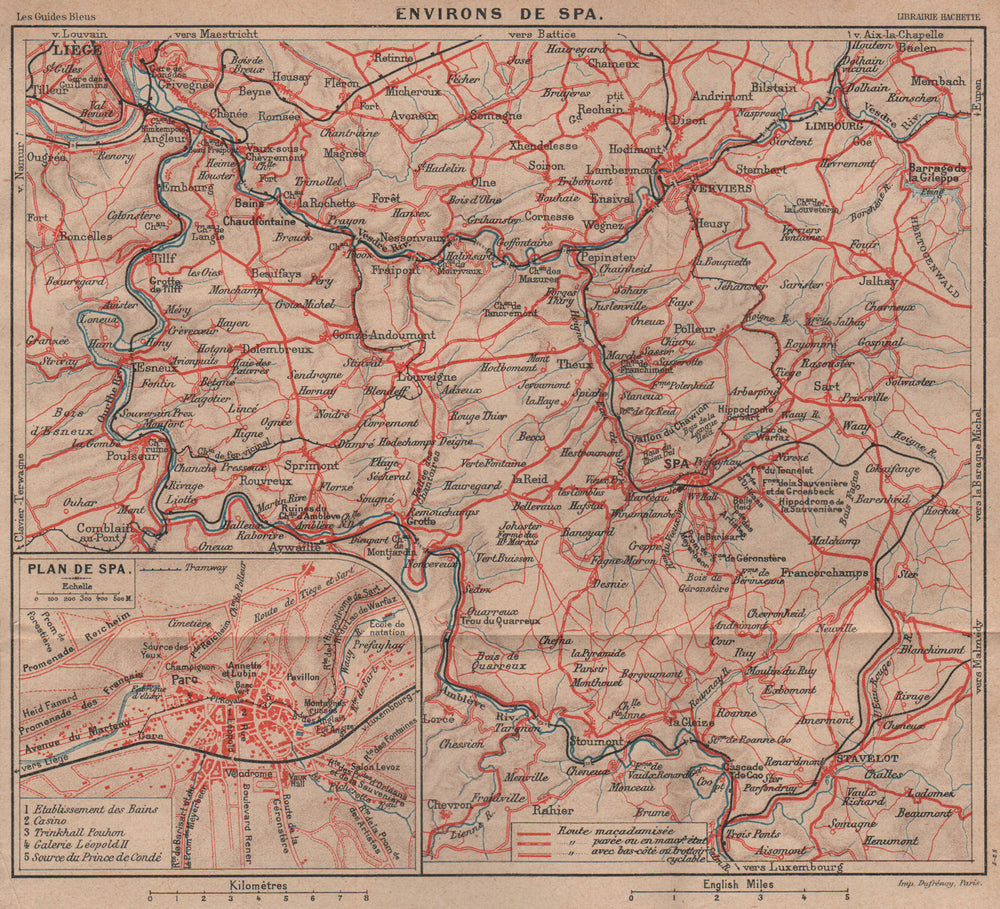 SPA, Belgium environs. Liège Verviers. Vintage map plan de la ville 1920