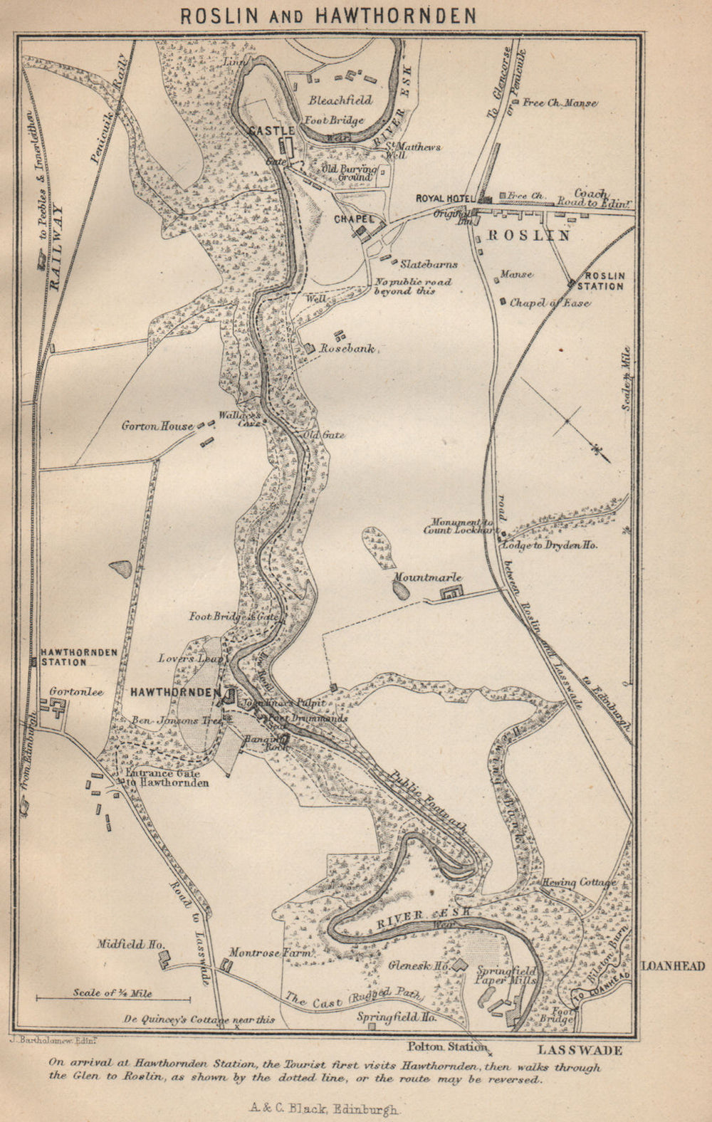 Rosslyn & Hawthornden. Scotland 1886 old antique vintage map plan chart