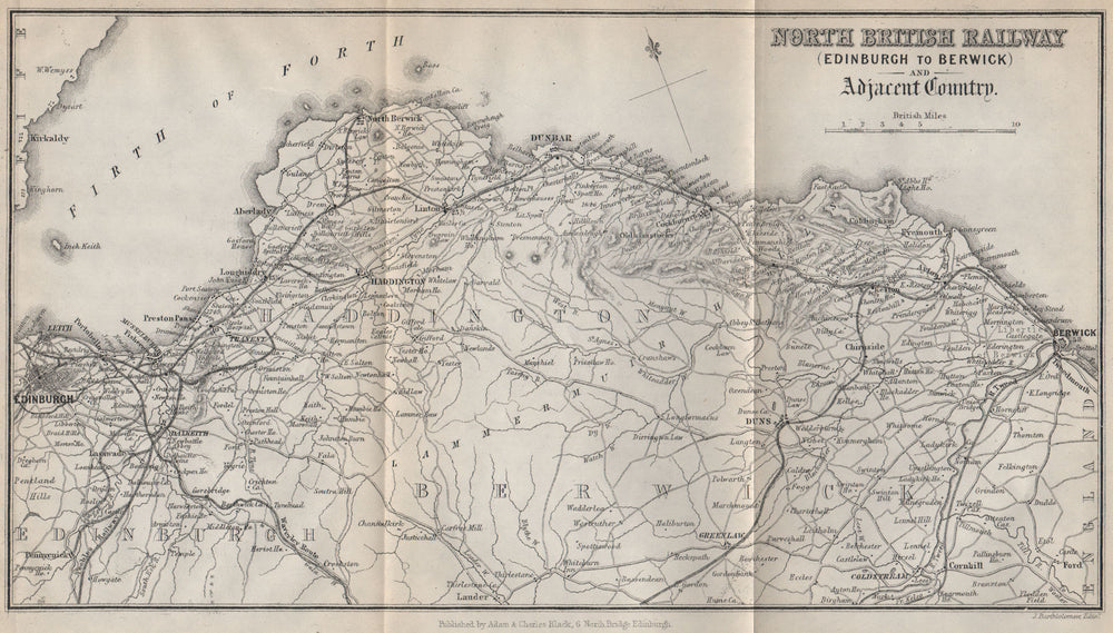 NORTH BRITISH RAILWAY. Edinburgh to Berwick. Haddington. Scotland 1886 old map