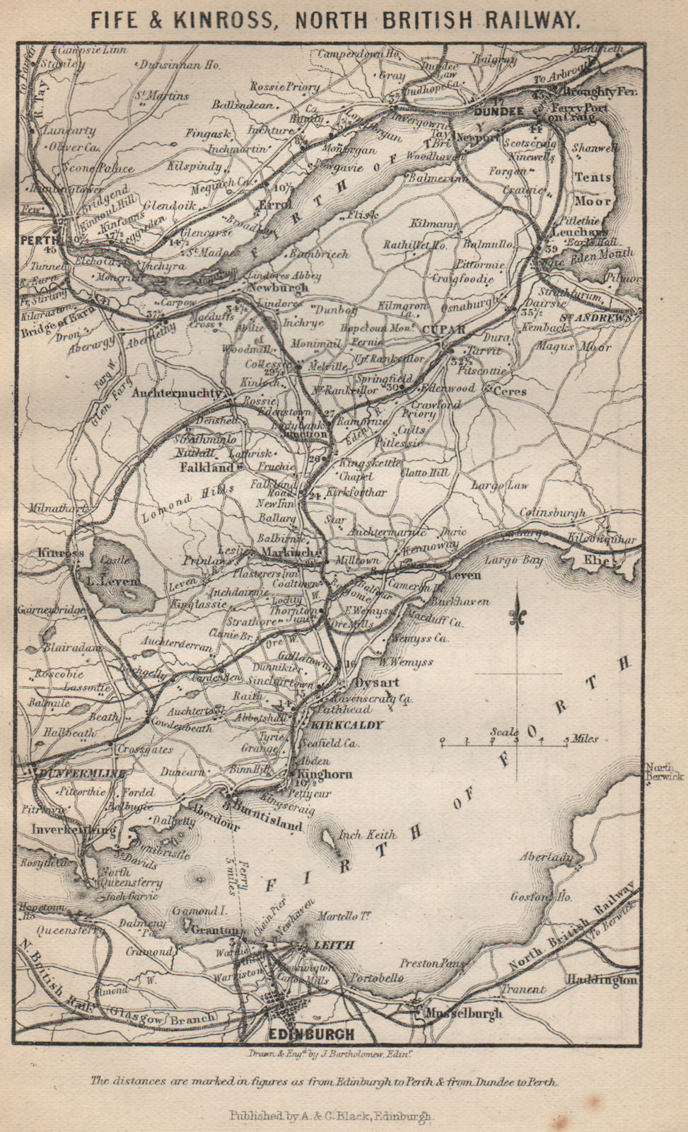 NORTH BRITISH RAILWAY. Fife & Kinross. Perth Edinburgh Dundee. Scotland 1886 map