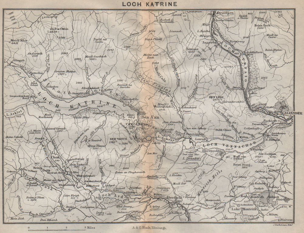 Loch Katrine. Loch Vennachar. Callander. Scotland 1886 old antique map chart