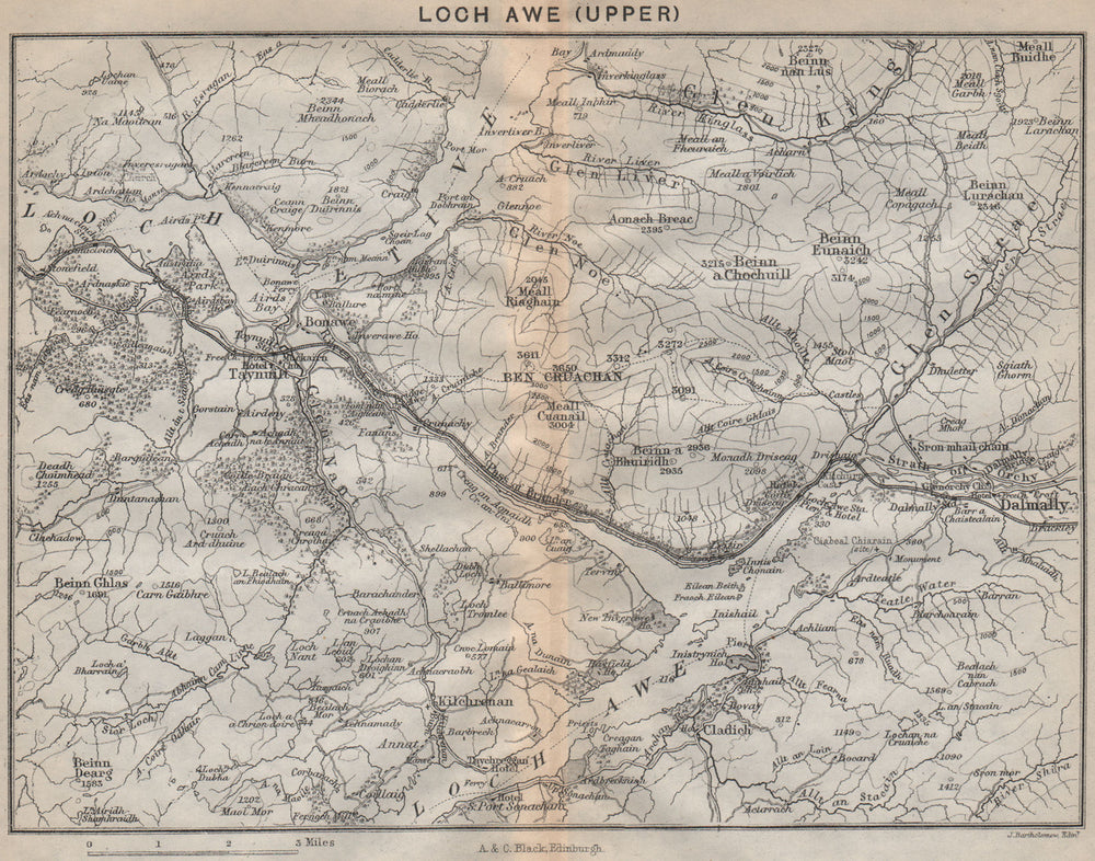 Upper Loch Awe. Dalmally. Scotland 1886 old antique vintage map plan chart