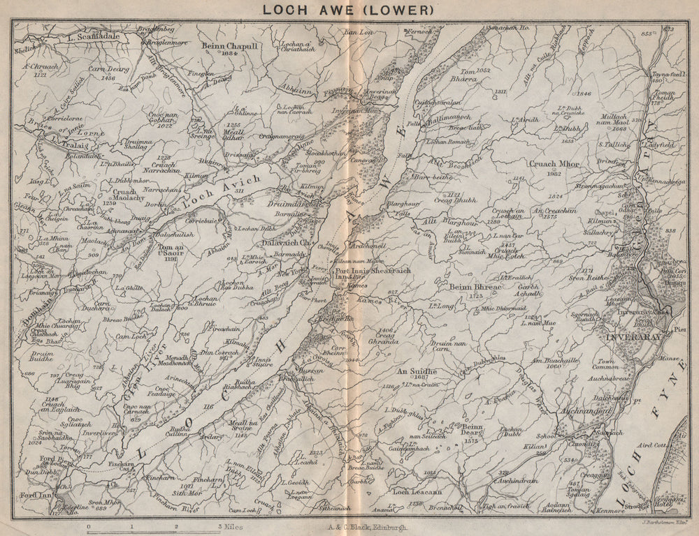 Lower Loch Awe. Loch Fyne. Loch Avich. Inverary. Scotland 1886 old antique map