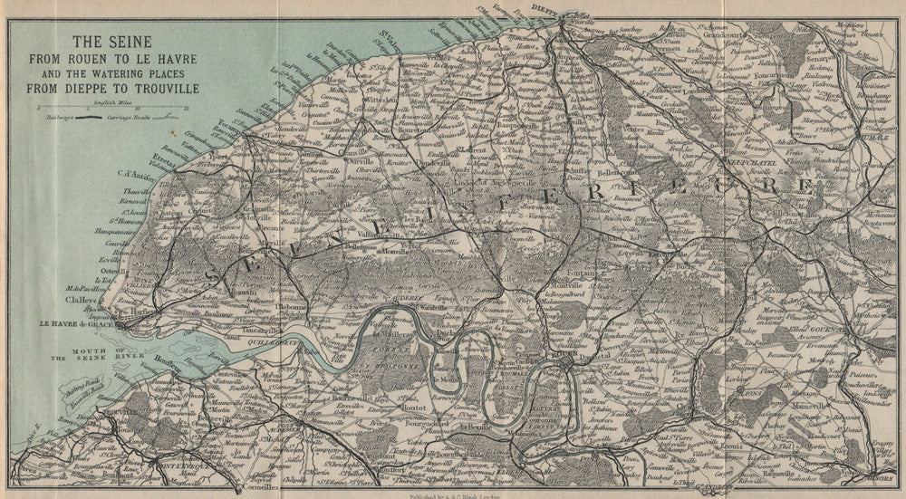 SEINE VALLEY. Rouen-Le Havre. Seine-Maritime & Eure. Dieppe Trouville 1913 map