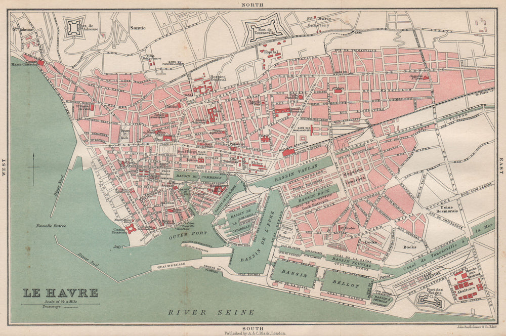 LE HAVRE antique town city plan de la ville. Seine-Maritime 1913 old map